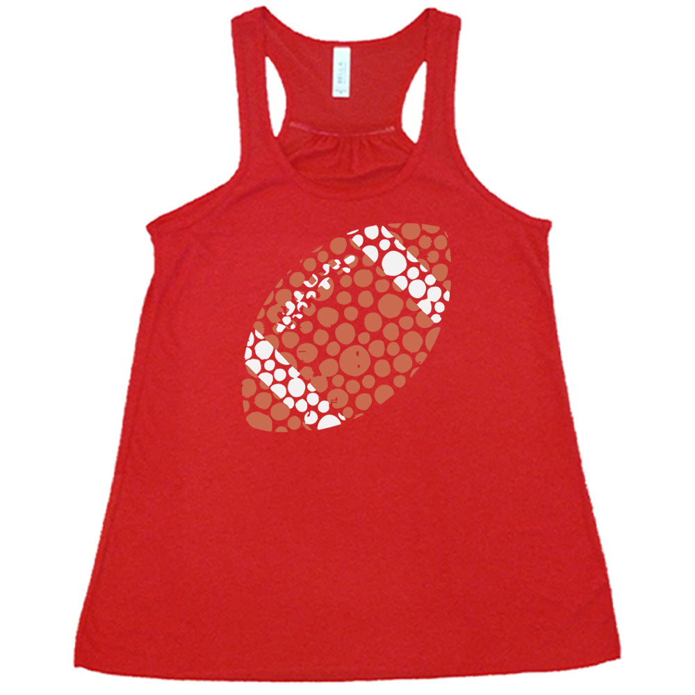 Red colored flowy tank with football made up of dots graphic on it