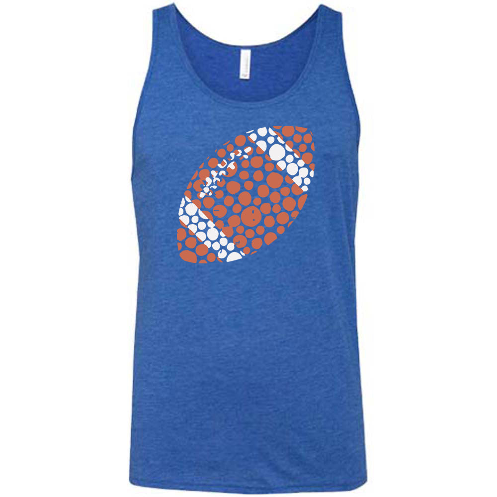 Blue colored tank with football made up of dots graphic on it