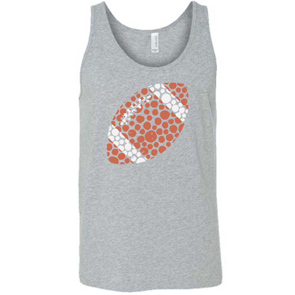 Grey colored tank with football made up of dots graphic on it