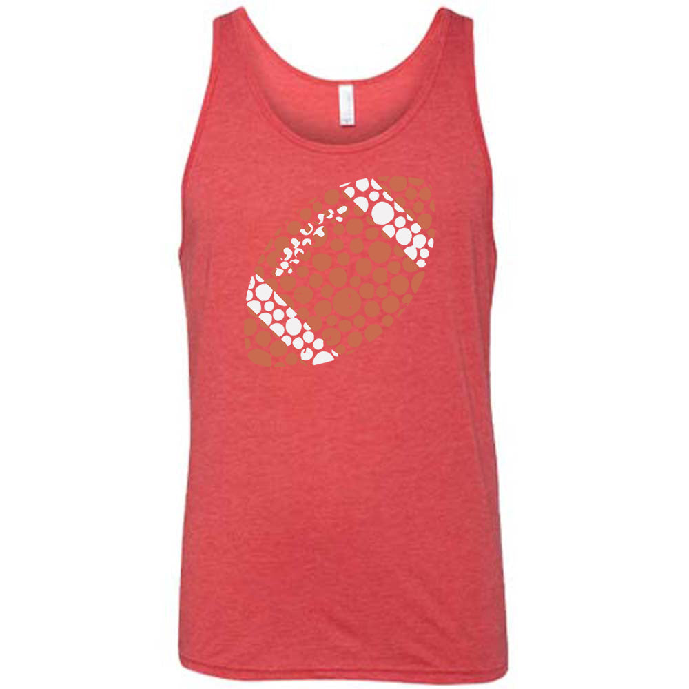 Red colored tank with football made up of dots graphic on it