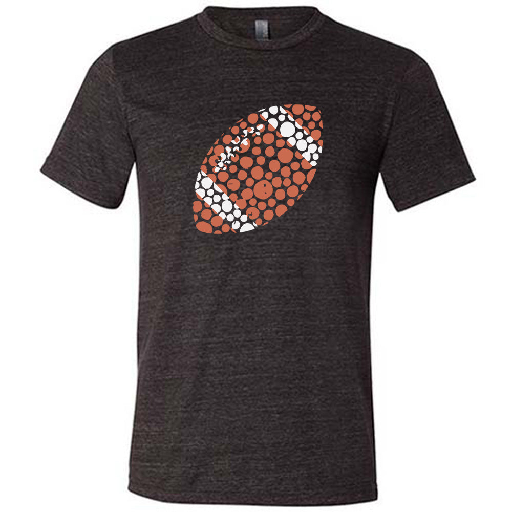 Black colored shirt with football made up of dots graphic on it