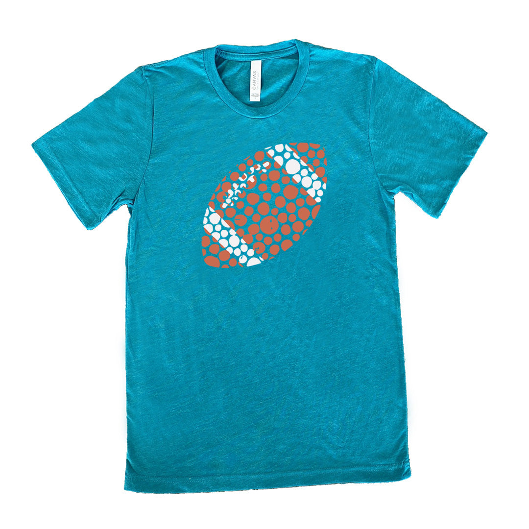 Teal colored shirt with football made up of dots graphic on it