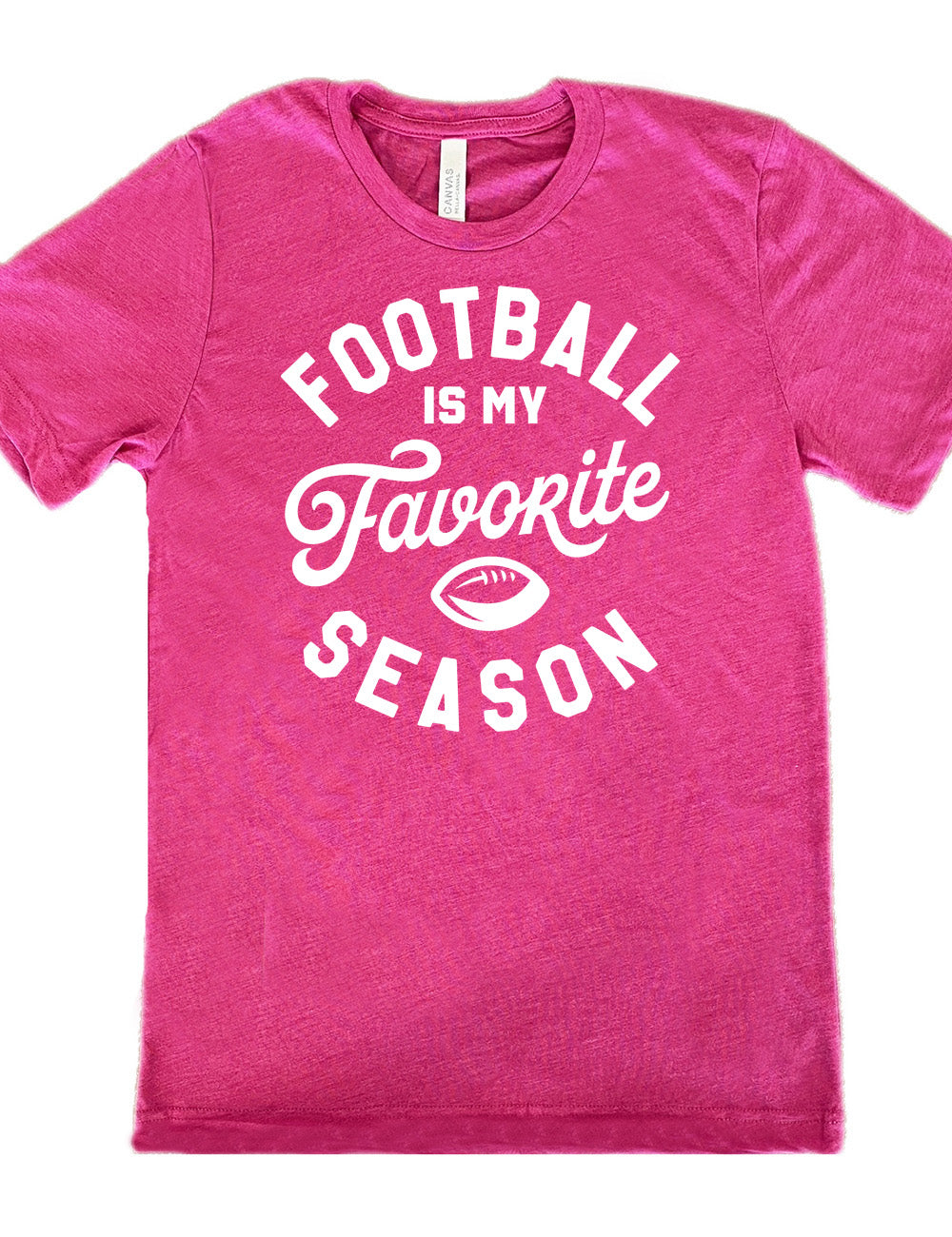 berry unisex tee with words saying "football is my favorite season" and the small graphic of a football on it