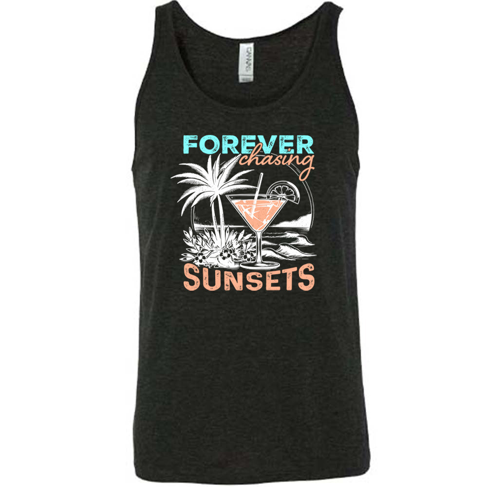 Black colored tank with a drink on the beach graphic on it that says "Forever Chasing Sunsets"
