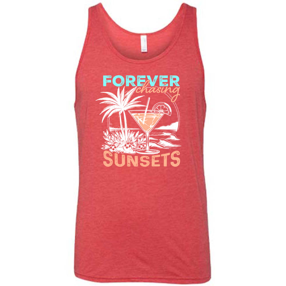 Red colored tank with a drink on the beach graphic on it that says "Forever Chasing Sunsets"