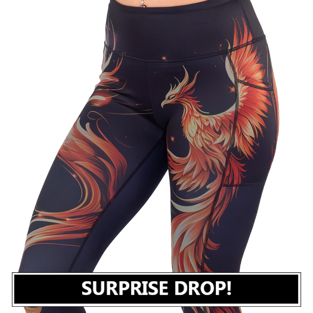 black leggings with a red and orange phoenix graphic on it
