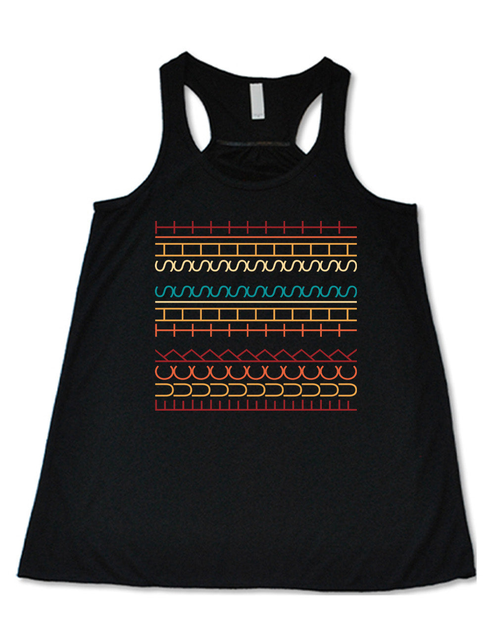 black flowy racerback tank with the graphic of what appears to be colorful lined shapes, but, when you look at an angle, actually is the three words, 11 times, sayings "fuck this shit"