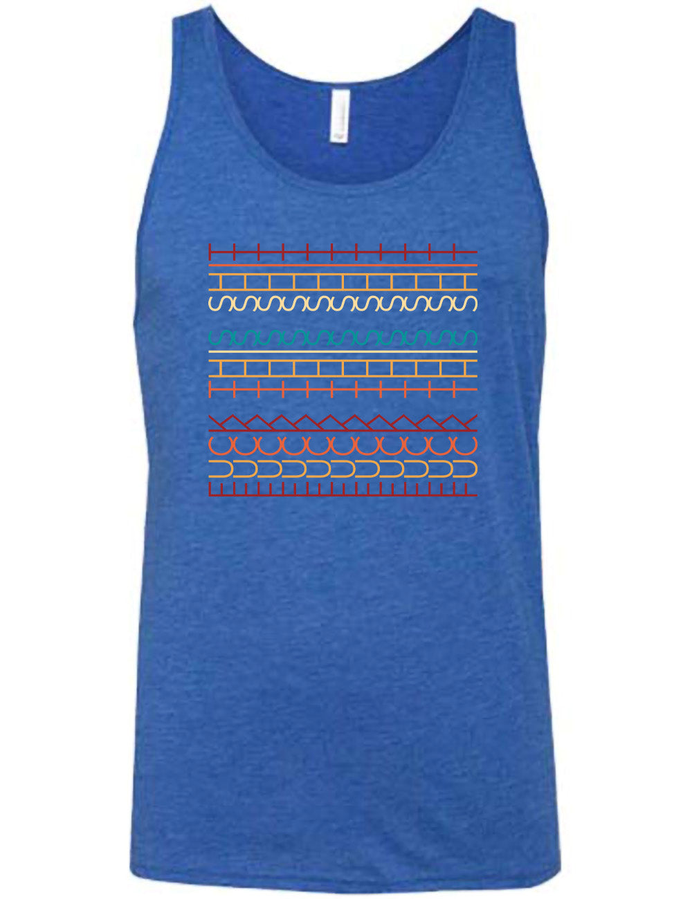 blue unisex tank with the graphic of what appears to be colorful lined shapes, but, when you look at an angle, actually is the three words, 11 times, sayings "fuck this shit"