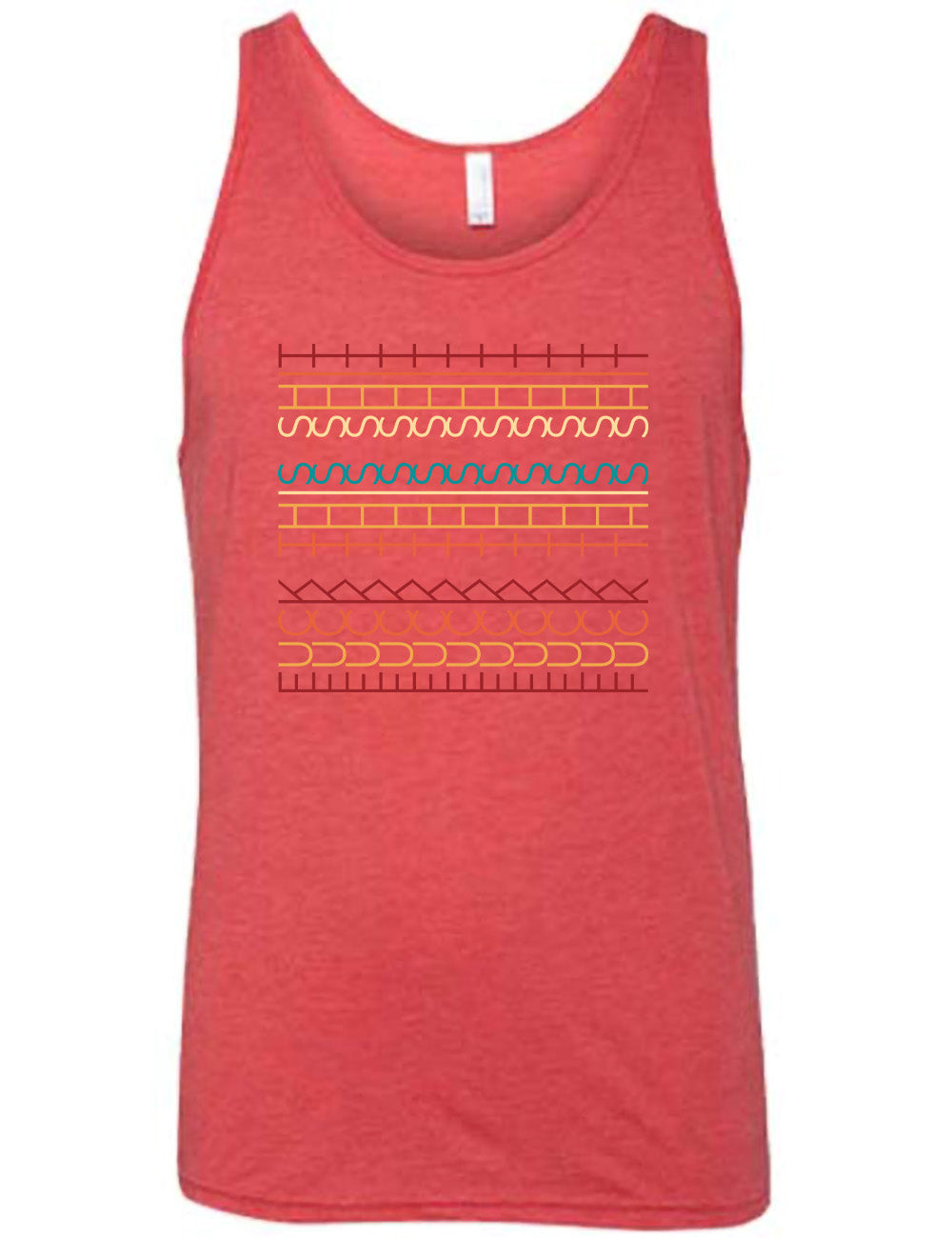red unisex tank with the graphic of what appears to be colorful lined shapes, but, when you look at an angle, actually is the three words, 11 times, sayings "fuck this shit"