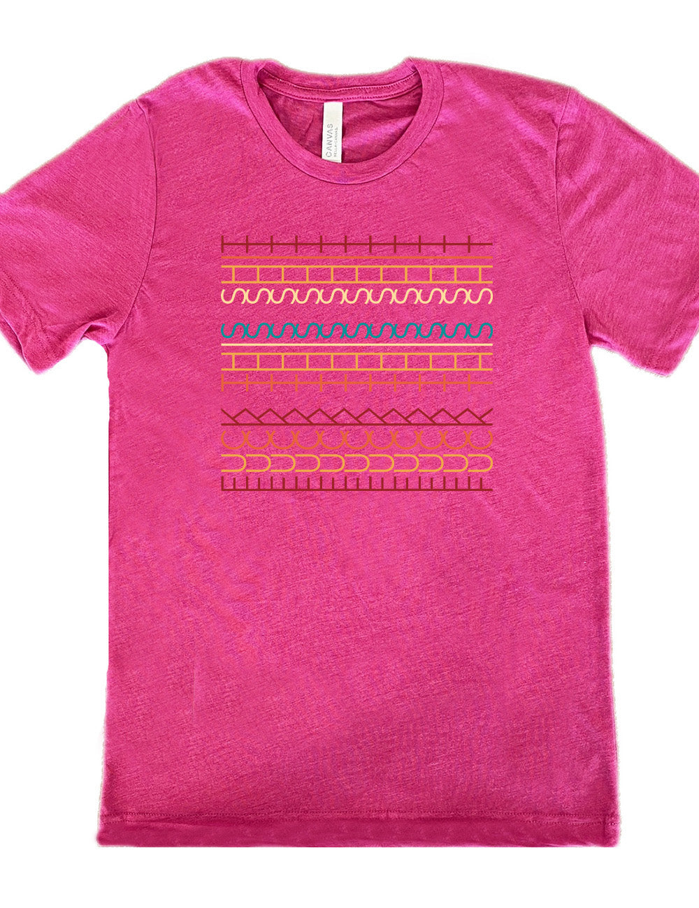 berry unisex tee with the graphic of what appears to be colorful lined shapes, but, when you look at an angle, actually is the three words, 11 times, sayings "fuck this shit"