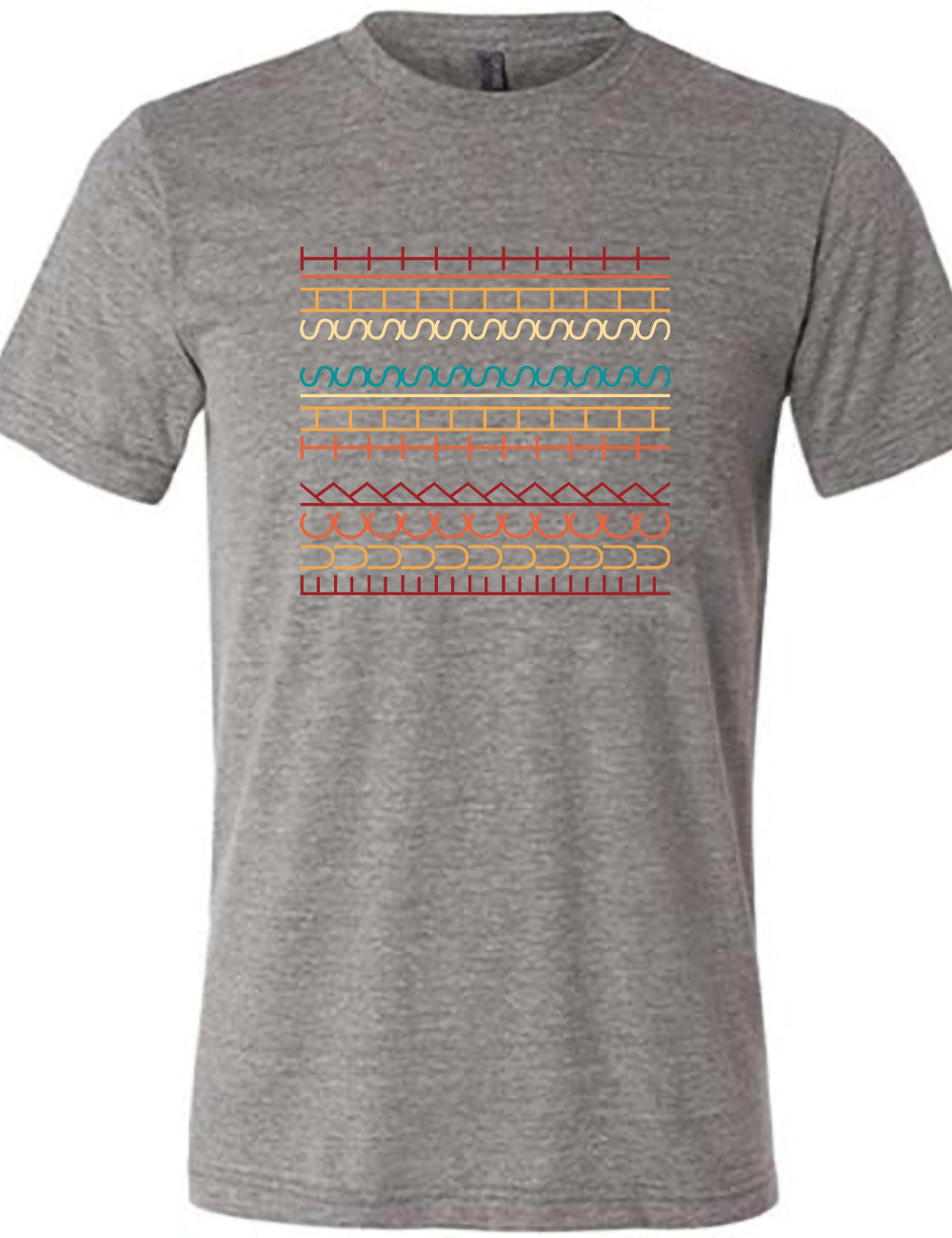 grey unisex tee with the graphic of what appears to be colorful lined shapes, but, when you look at an angle, actually is the three words, 11 times, sayings "fuck this shit"