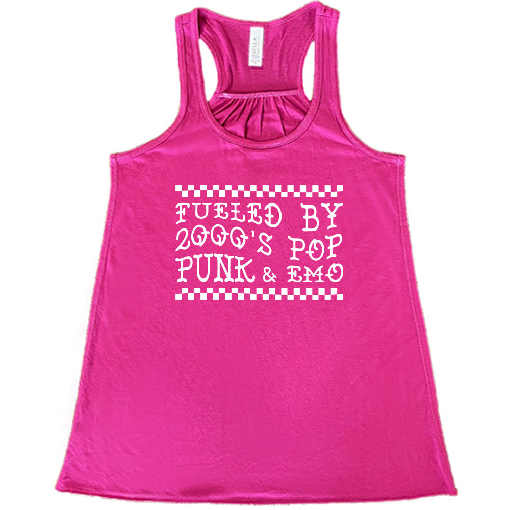 berry shirt with the text "Fueled By 2000's Pop Punk & Emo" on it