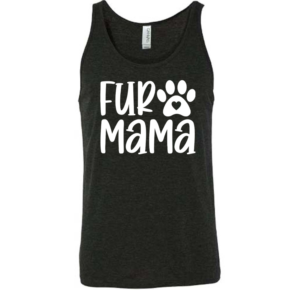 black unisex tank with the words "fur mama" on it and a pawprint graphic with a little heart at the center of it
