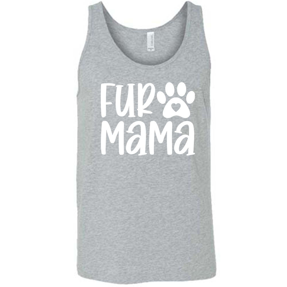 grey unisex tank with the words "fur mama" on it and a pawprint graphic with a little heart at the center of it