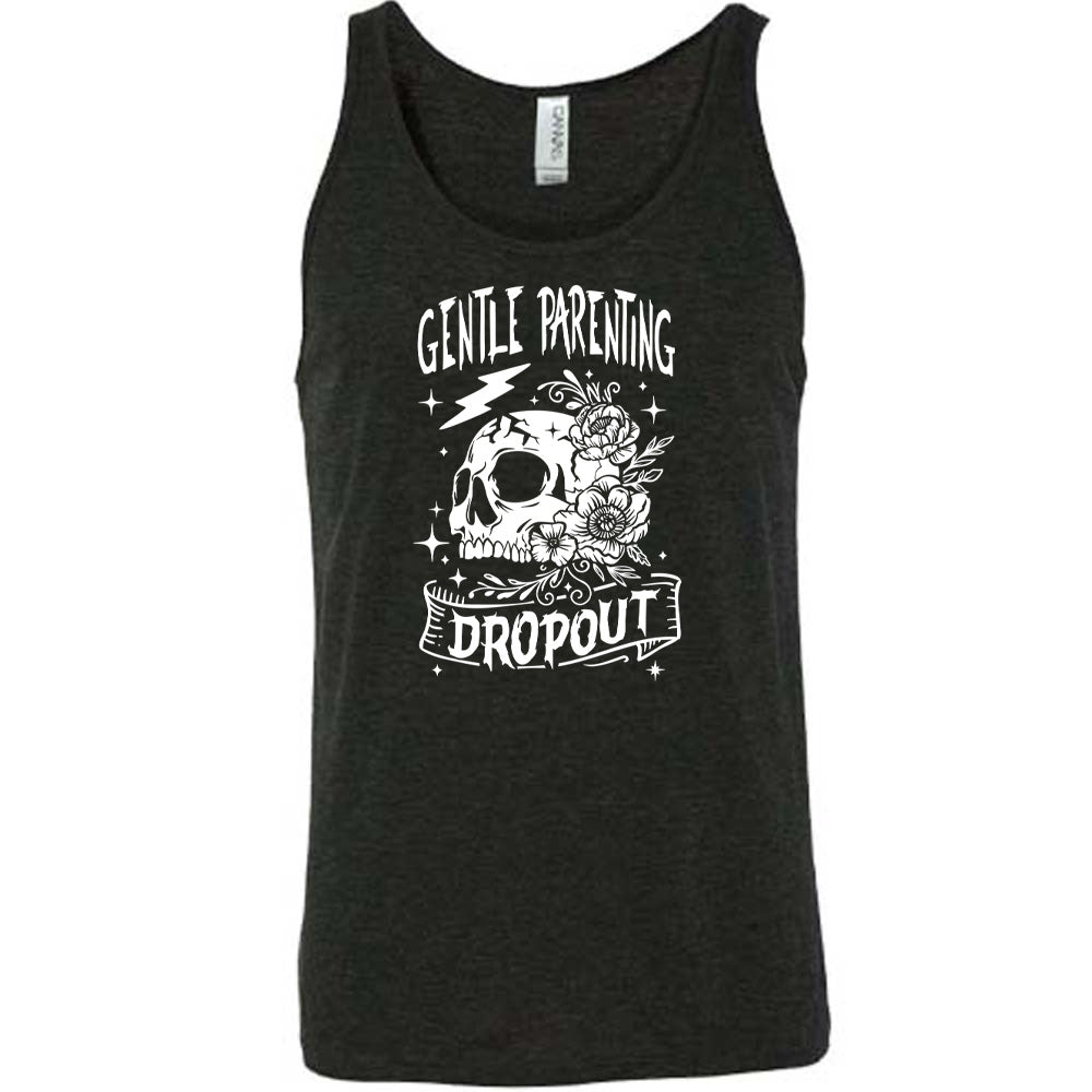 Black colored tank with a skull and flowers graphic on it that says Gentle Parenting Dropout"