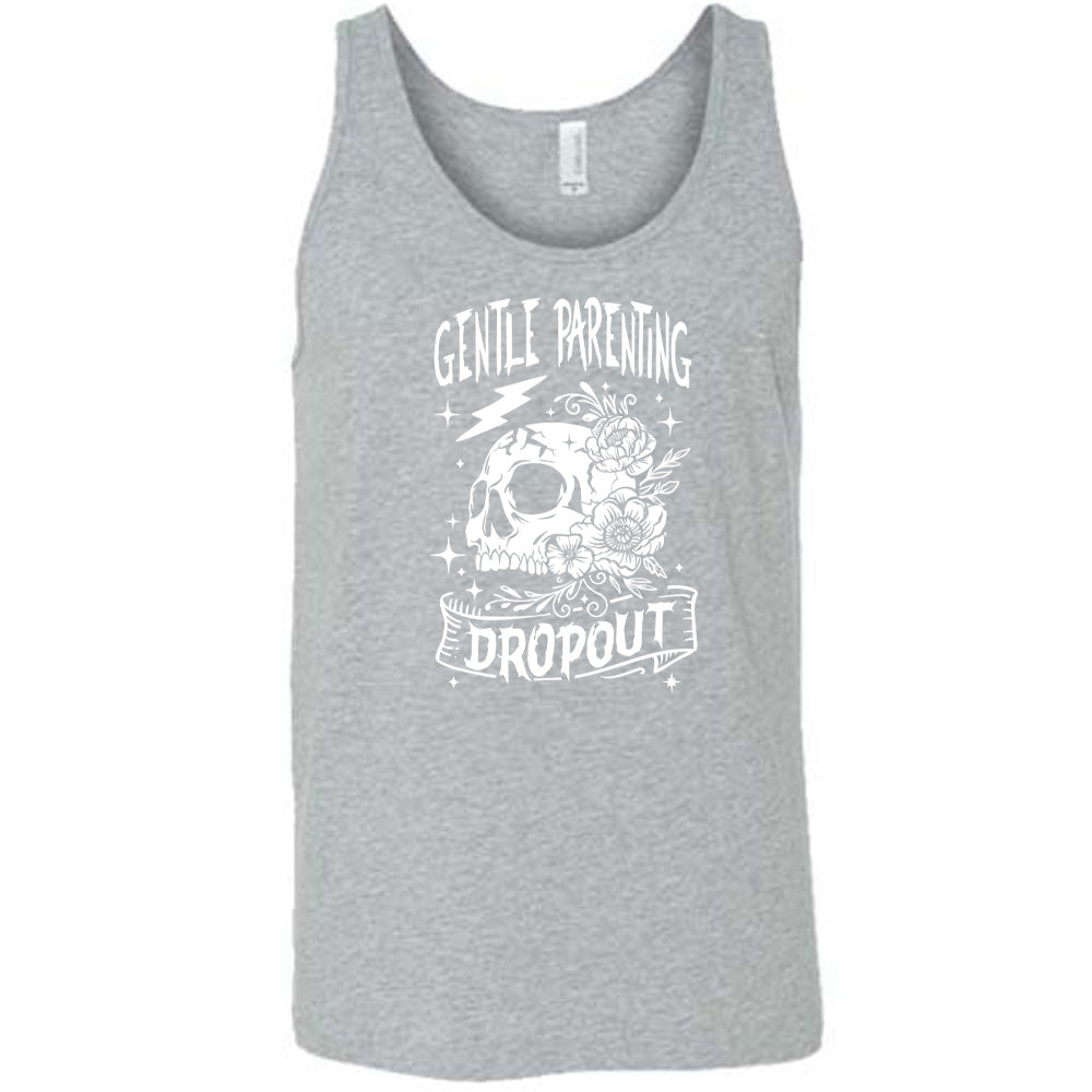 Grey colored tank with a skull and flowers graphic on it that says Gentle Parenting Dropout"