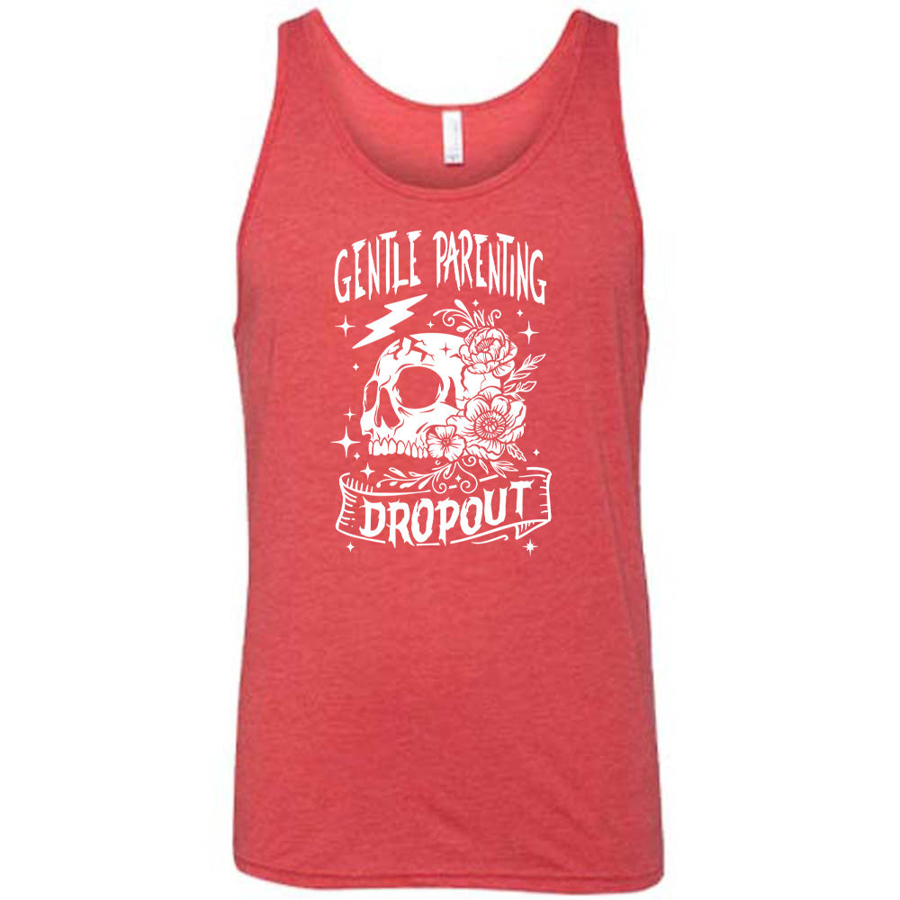 Red colored tank with a skull and flowers graphic on it that says Gentle Parenting Dropout"