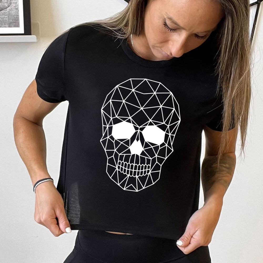 black cropped tee with a geometric skull design on the front in white.