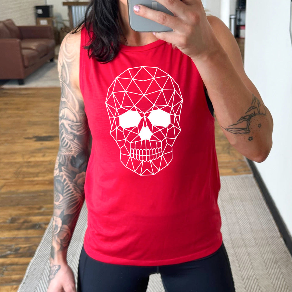 red muscle tank with the graphic of a geometrically designed skull