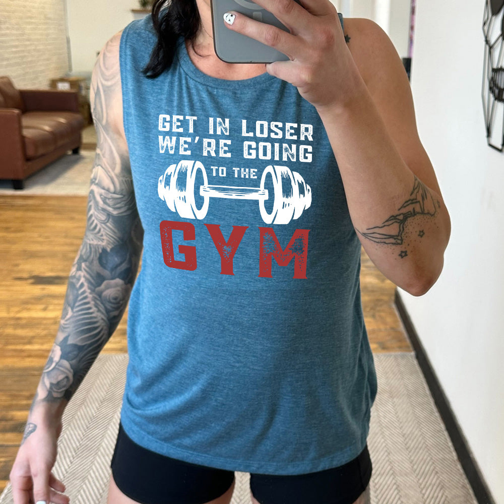 deep teal muscle tank with the words "get in loser we're going to the gym" with a big barbell graphic