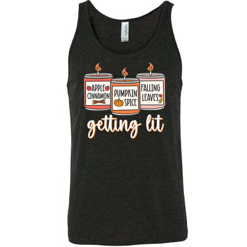 Black colored tank with fall scented candles graphic on it that says "getting lit"