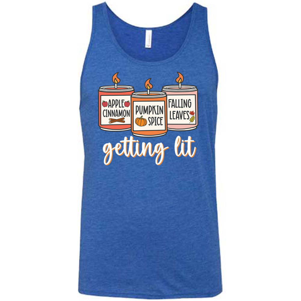 Blue colored tank with fall scented candles graphic on it that says "getting lit"