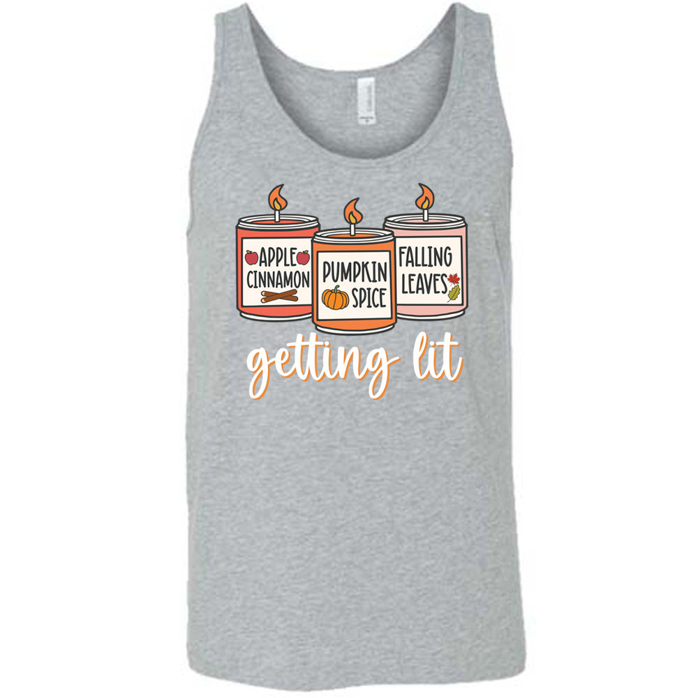 Grey colored tank with fall scented candles graphic on it that says "getting lit"
