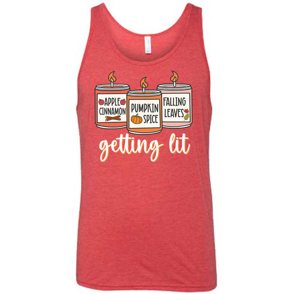 Red colored tank with fall scented candles graphic on it that says "getting lit"