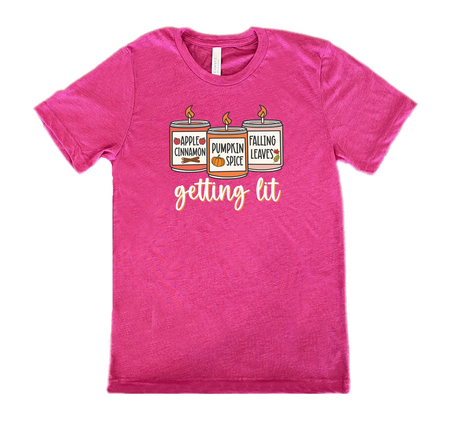 Berry colored shirt with fall scented candles graphic on it that says "getting lit"