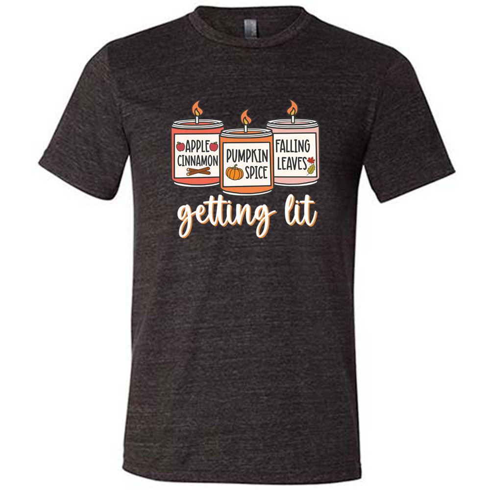 Black colored shirt with fall scented candles graphic on it that says "getting lit"