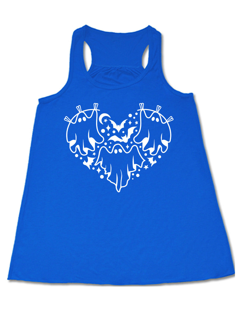 blue flowy racerback tank with the graphic of a heart that is made up of three ghosts, bats, stars, dots and a moon