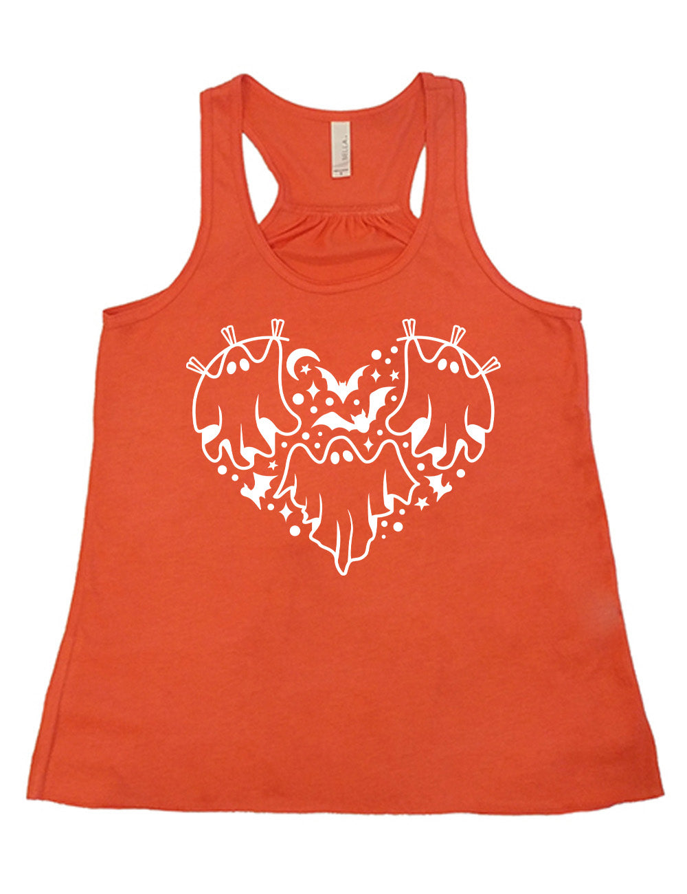 coral flowy racerback tank with the graphic of a heart that is made up of three ghosts, bats, stars, dots and a moon