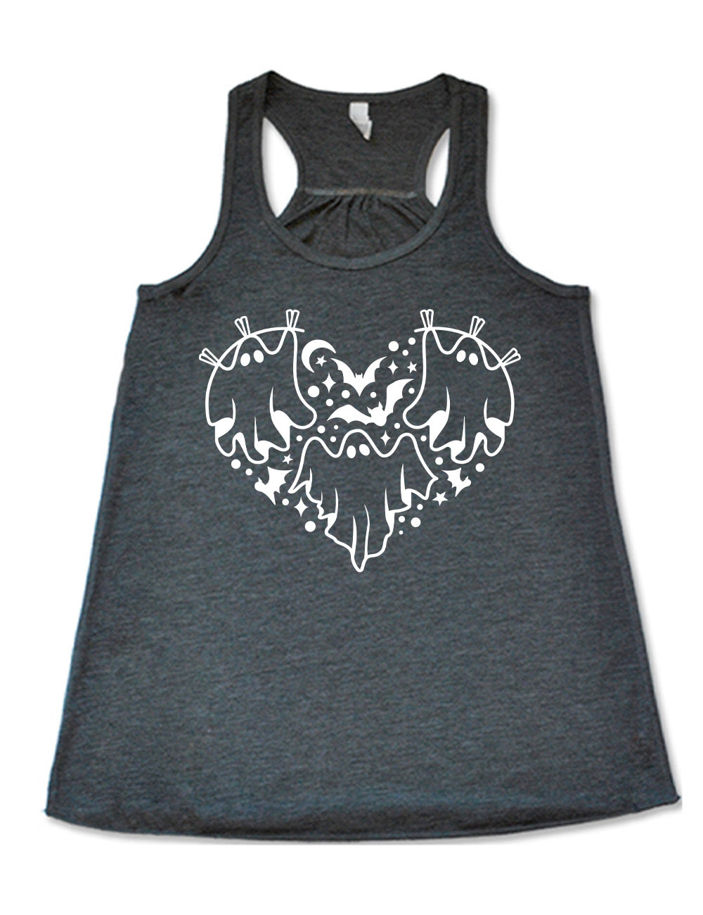 grey flowy racerback tank with the graphic of a heart that is made up of three ghosts, bats, stars, dots and a moon
