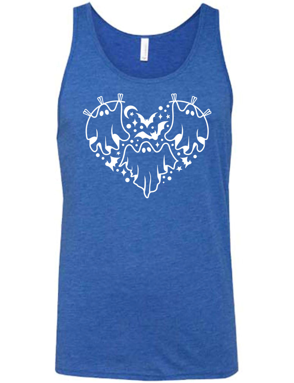 blue unisex tank with the graphic of a heart that is made up of three ghosts, bats, stars, dots and a moon