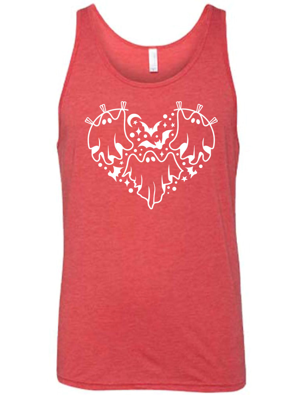 red unisex tank with the graphic of a heart that is made up of three ghosts, bats, stars, dots and a moon