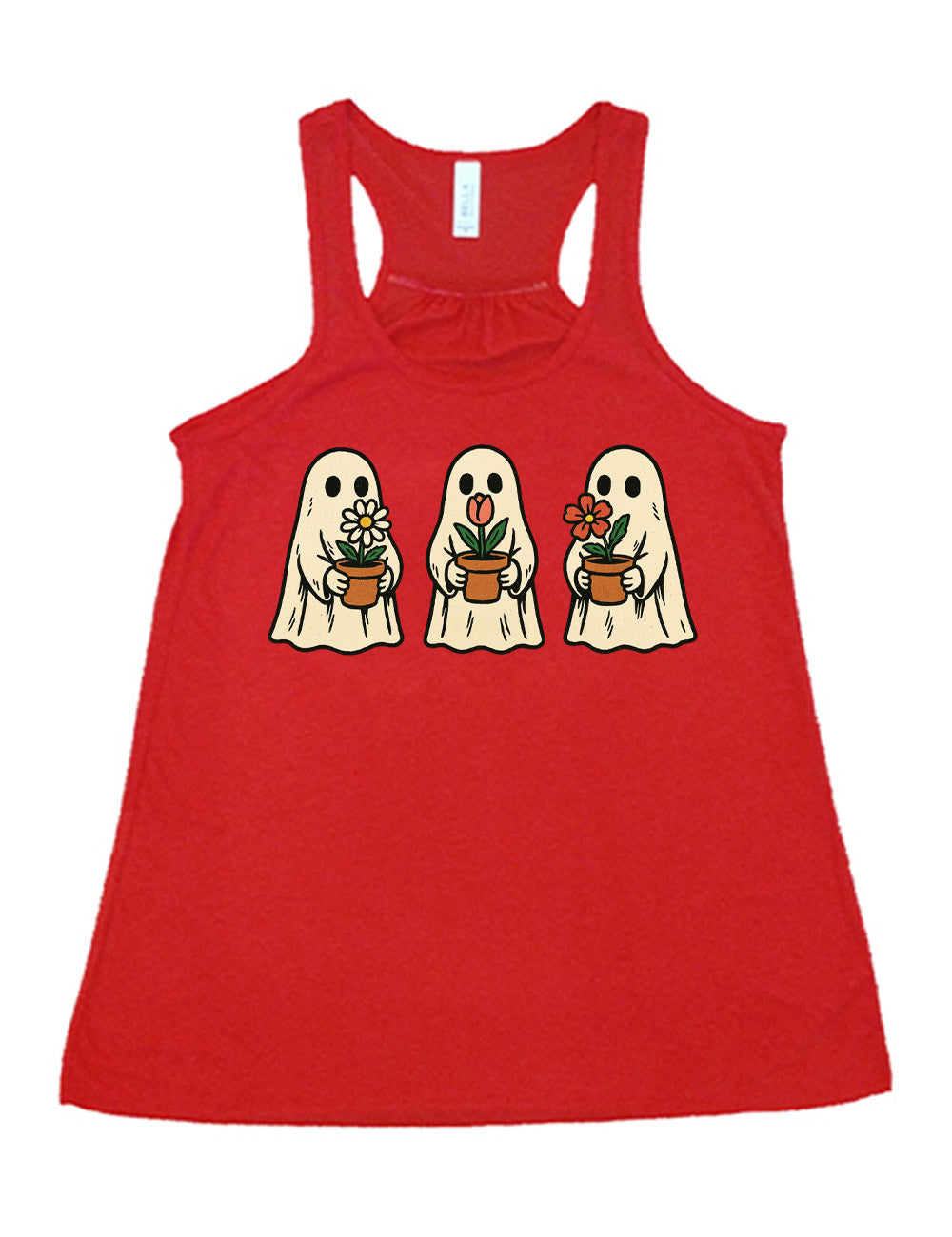 red flowy racerback tank with the graphic of three ghosts, each holding a flower pot