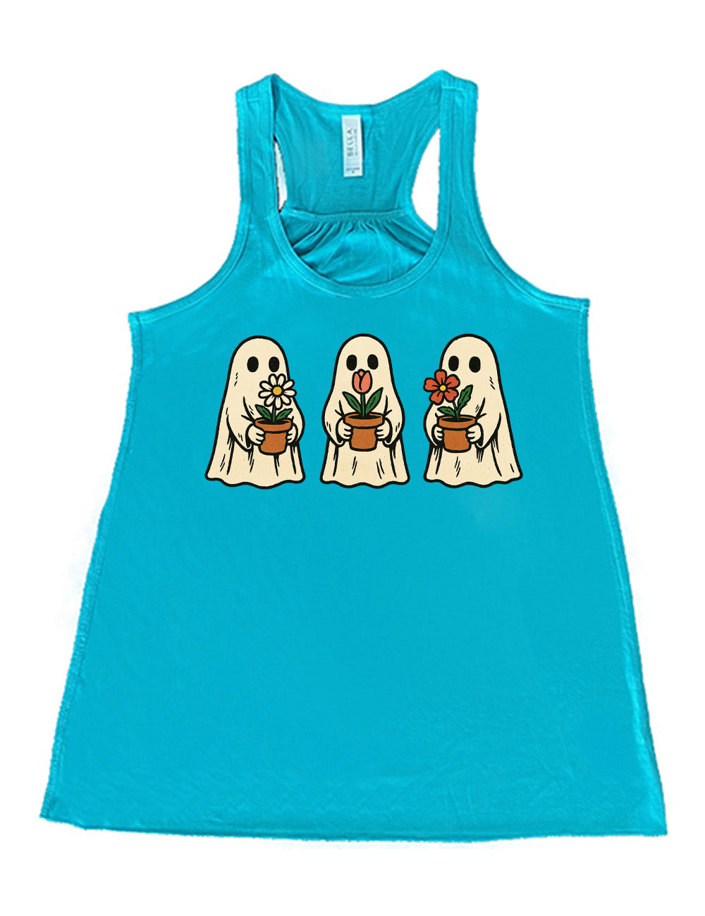 teal flowy racerback tank with the graphic of three ghosts, each holding a flower pot
