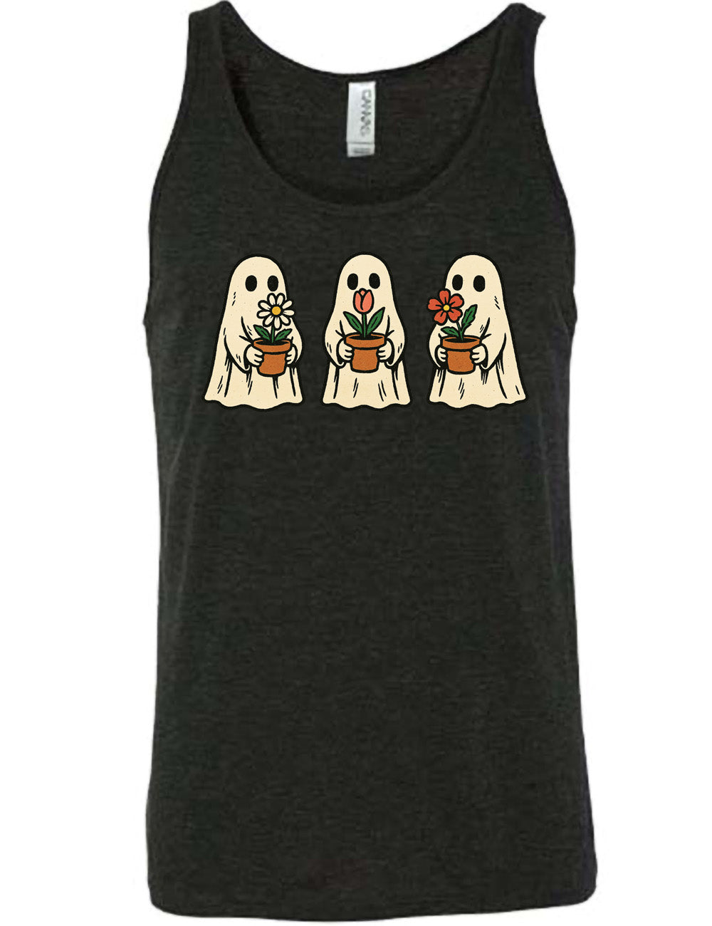 black unisex tank with the graphic of three ghosts, each holding a flower pot