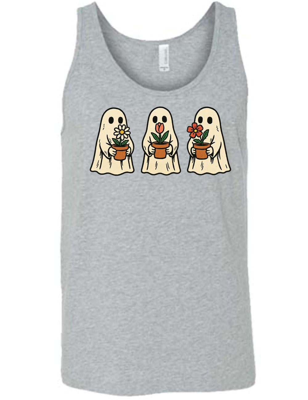 grey unisex tank with the graphic of three ghosts, each holding a flower pot