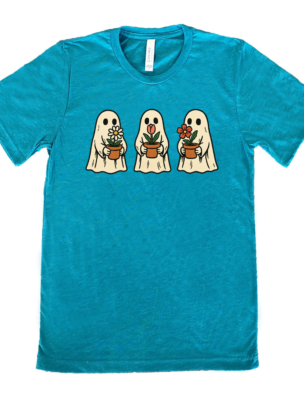 teal unisex tee with the graphic of three ghosts, each holding a flower pot