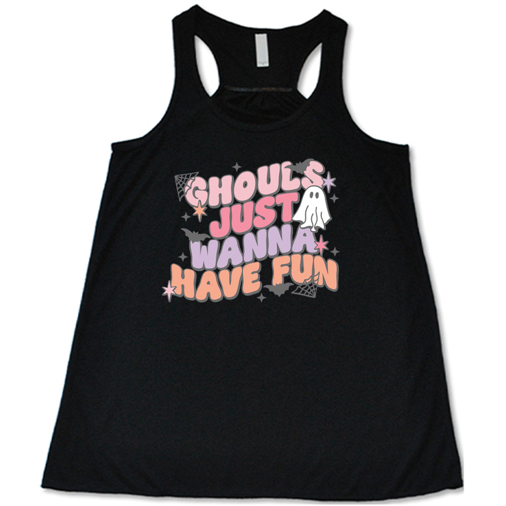 Black tank top with Halloween-themed text and graphics on a white background