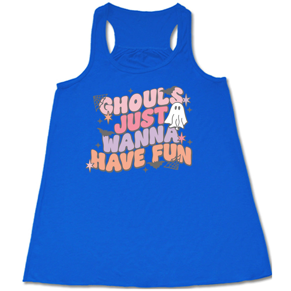Blue colored flowy tank with ghost, spider web, and bats graphic on it that says "Ghouls Just Wanna Have Fun"