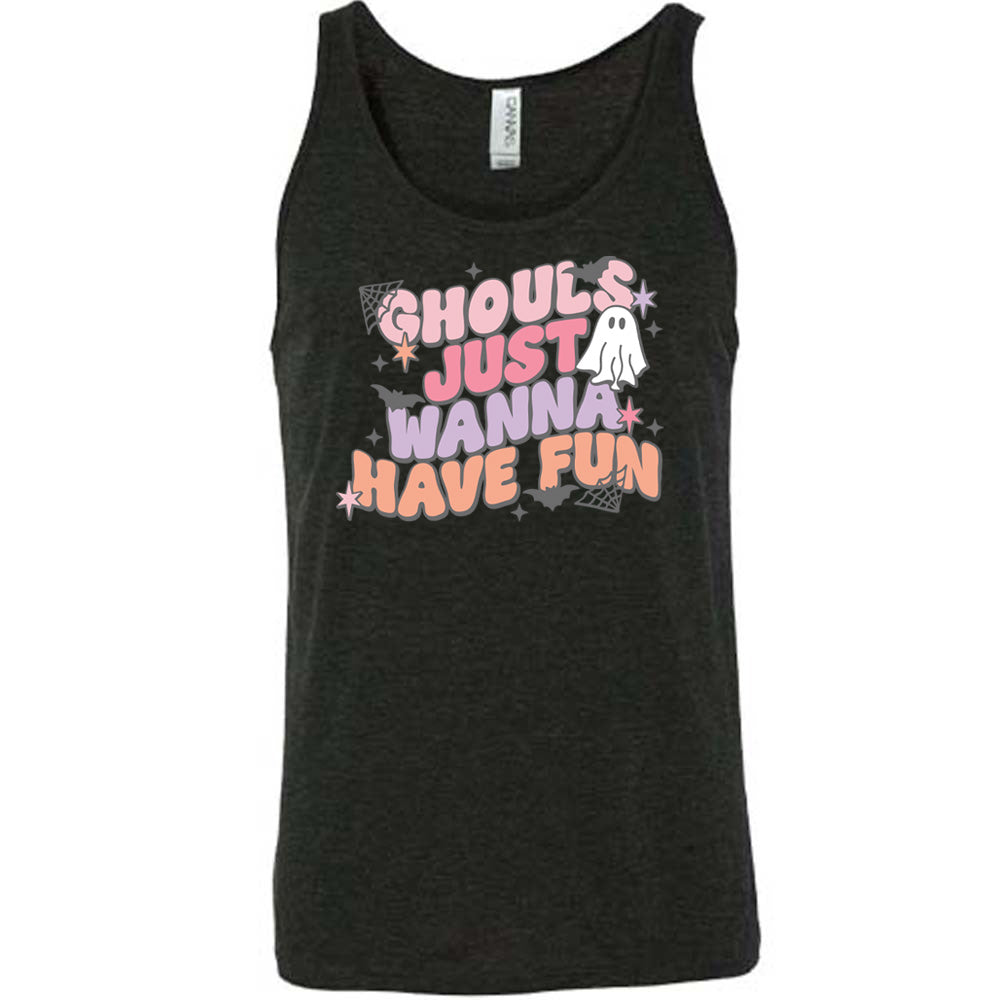 Black colored tank with ghost, spider web, and bats graphic on it that says "Ghouls Just Wanna Have Fun"