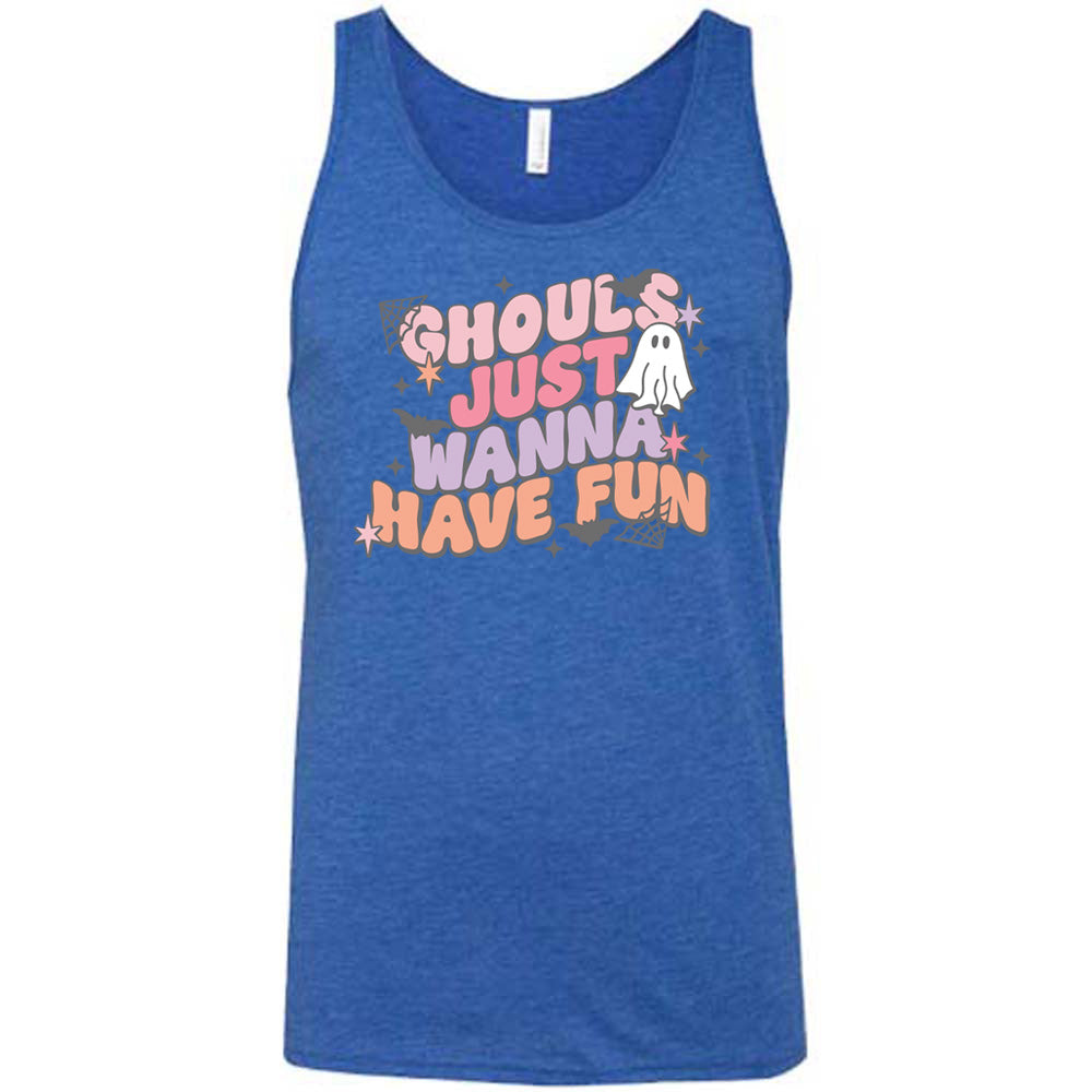 Blue colored tank with ghost, spider web, and bats graphic on it that says "Ghouls Just Wanna Have Fun"