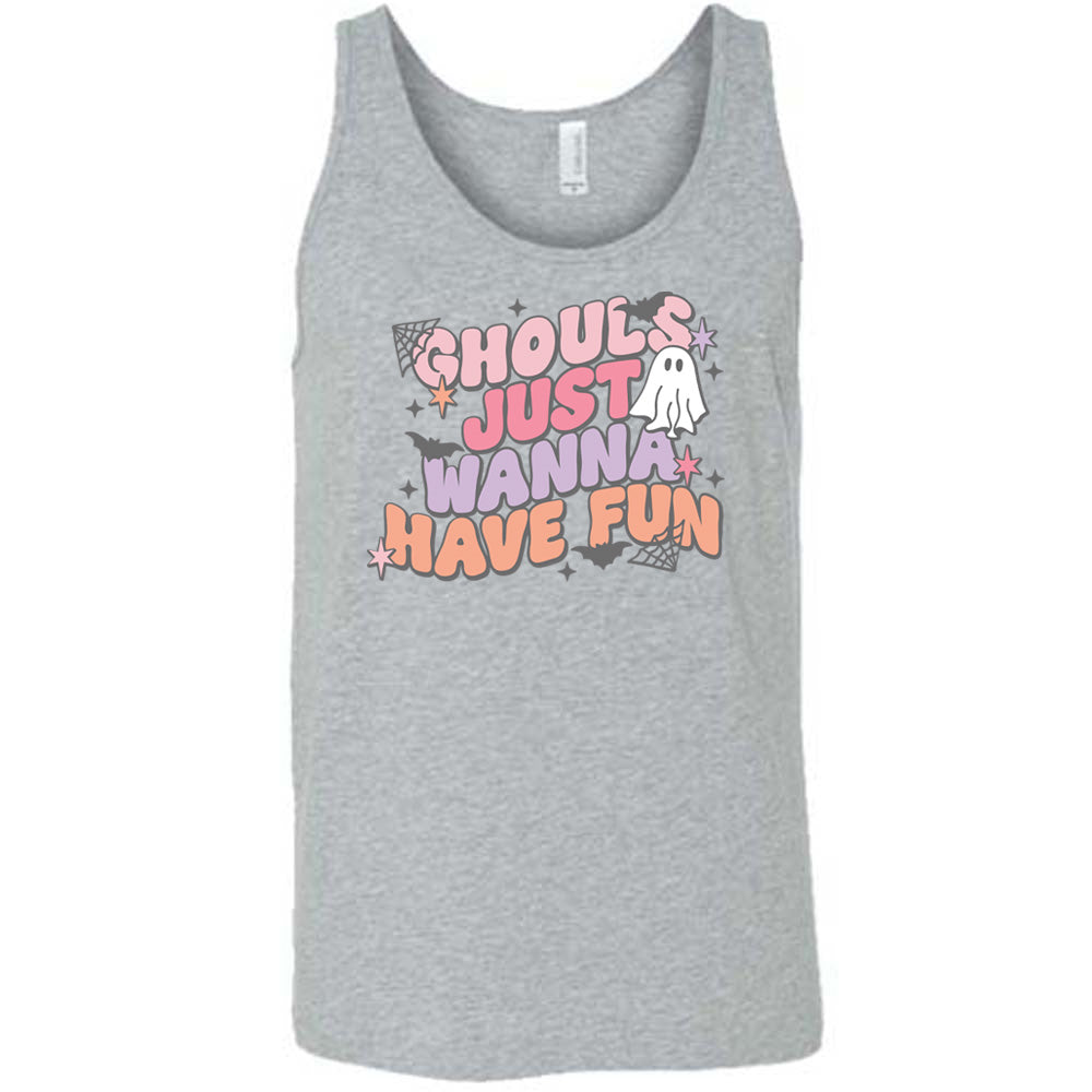 Grey colored tank with ghost, spider web, and bats graphic on it that says "Ghouls Just Wanna Have Fun"