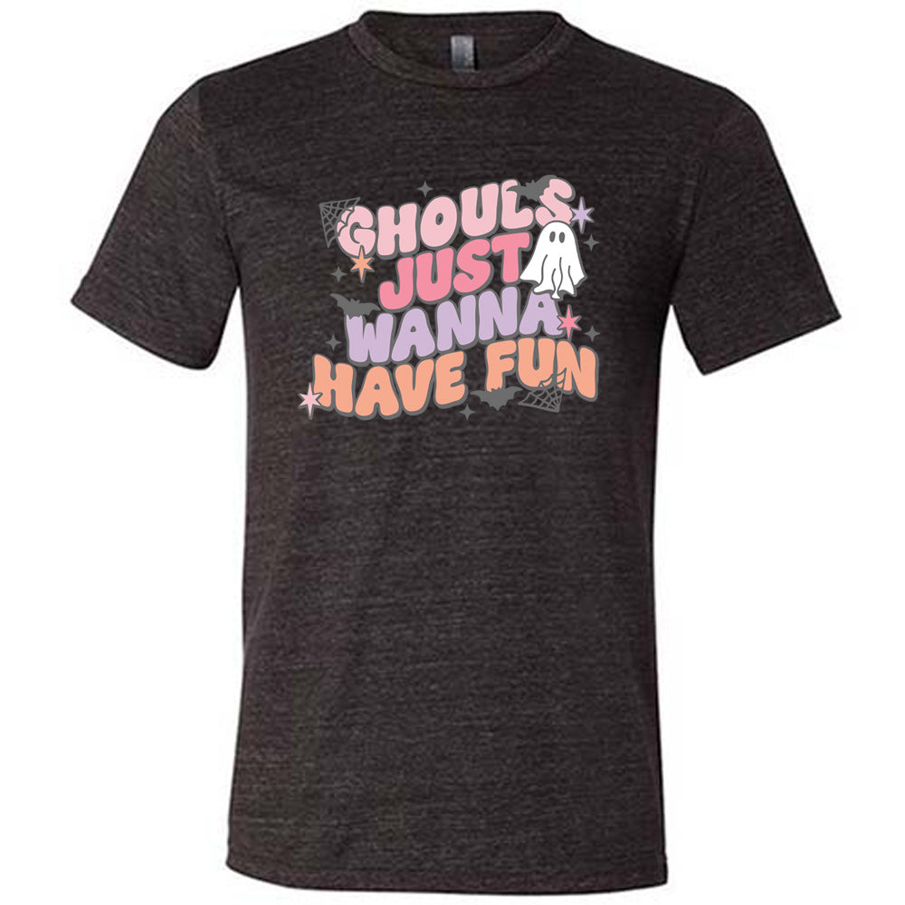Black colored shirt with ghost, spider web, and bats graphic on it that says "Ghouls Just Wanna Have Fun"