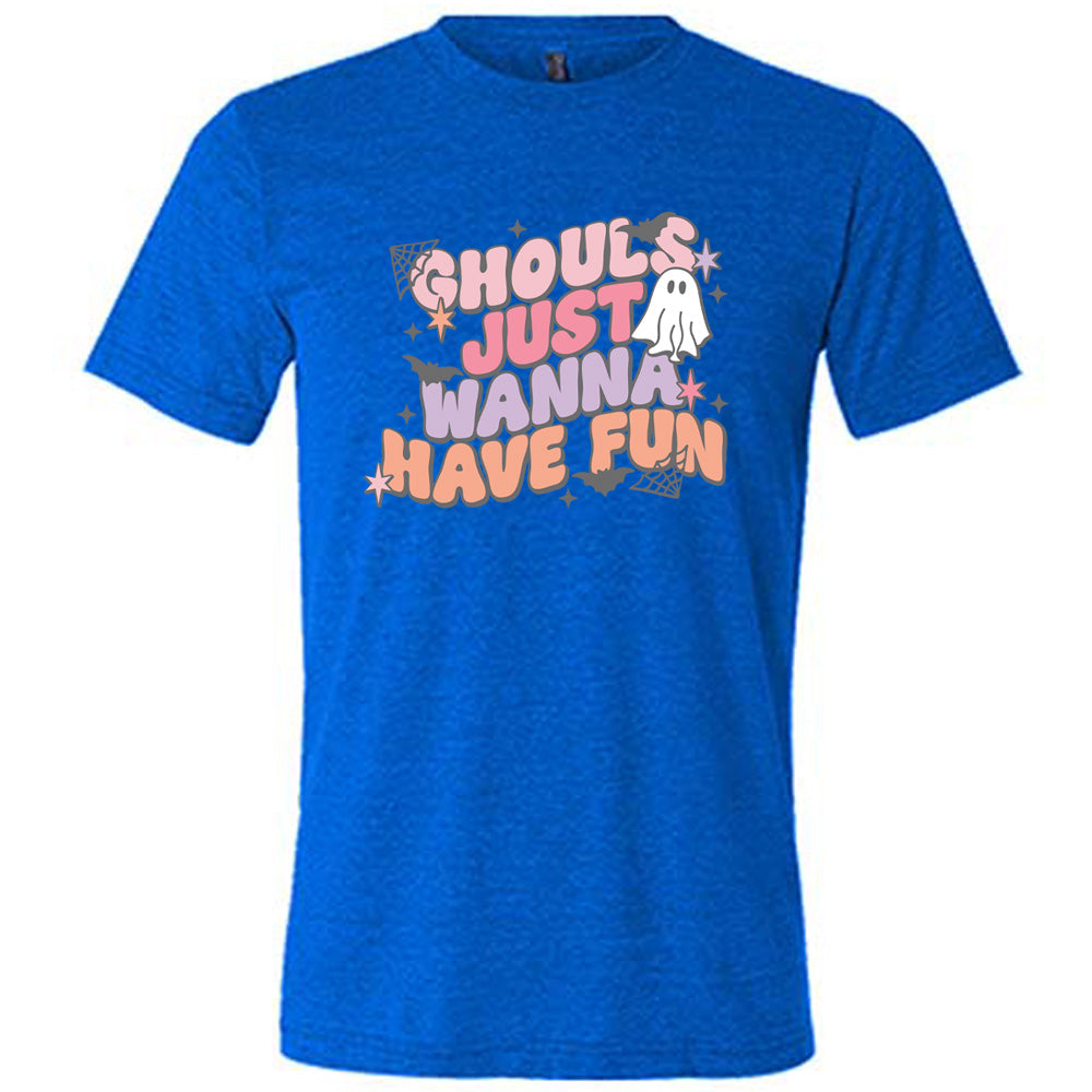 Blue colored shirt with ghost, spider web, and bats graphic on it that says "Ghouls Just Wanna Have Fun"