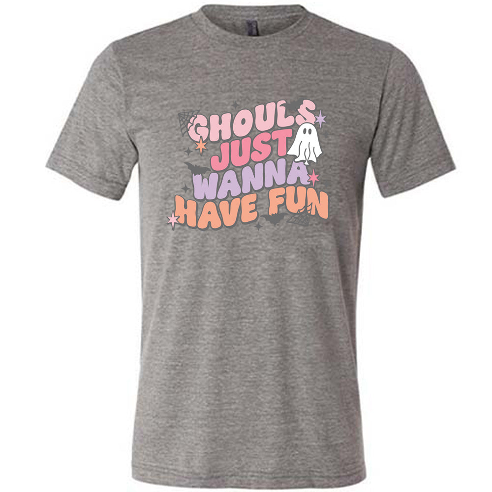 Grey colored shirt with ghost, spider web, and bats graphic on it that says "Ghouls Just Wanna Have Fun"
