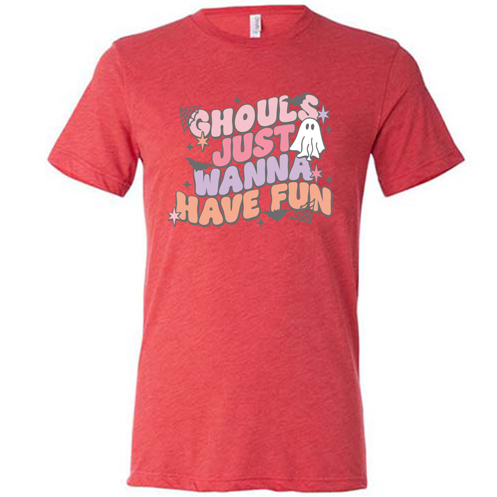 Red colored shirt with ghost, spider web, and bats graphic on it that says "Ghouls Just Wanna Have Fun"