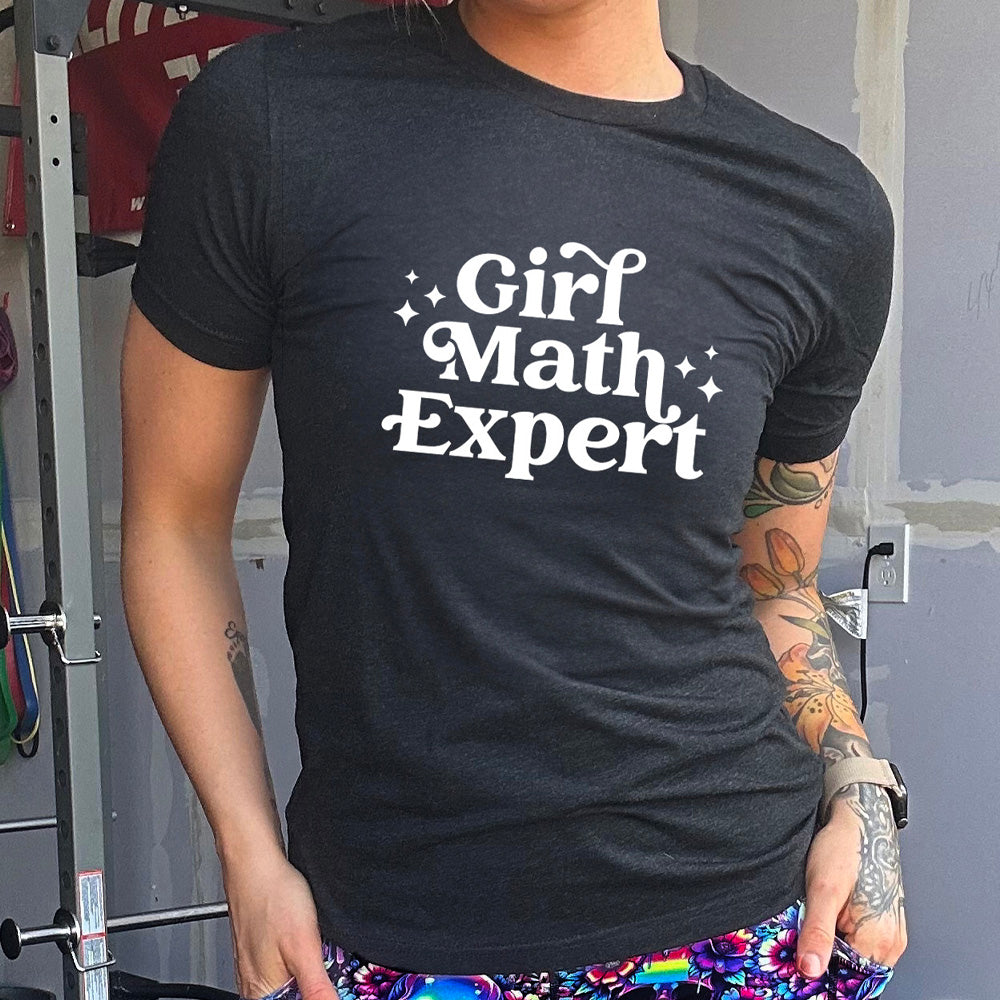 Black colored shirt that says "Girl Math Expert"